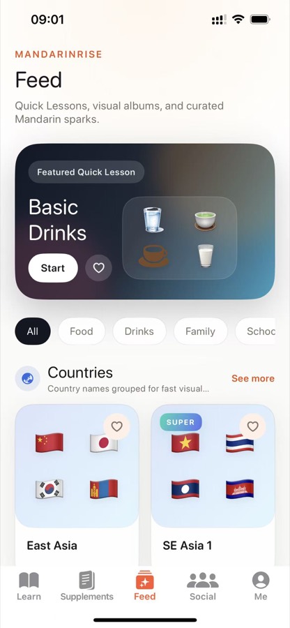 MandarinRise Feed tab with quick visual lesson albums